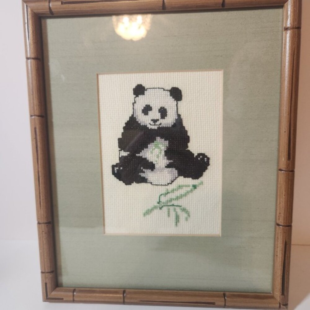 Vintage Panda Bear Cross Stitch Framed Art Faux Bamboo Wood Frame - Picture 2 of 6